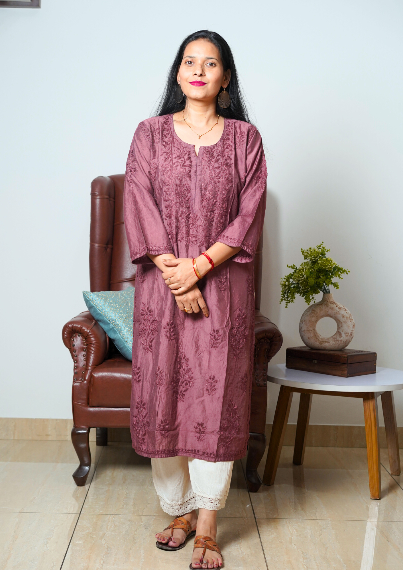 Lucknowi Chikankari Handwork Chanderi Kurti