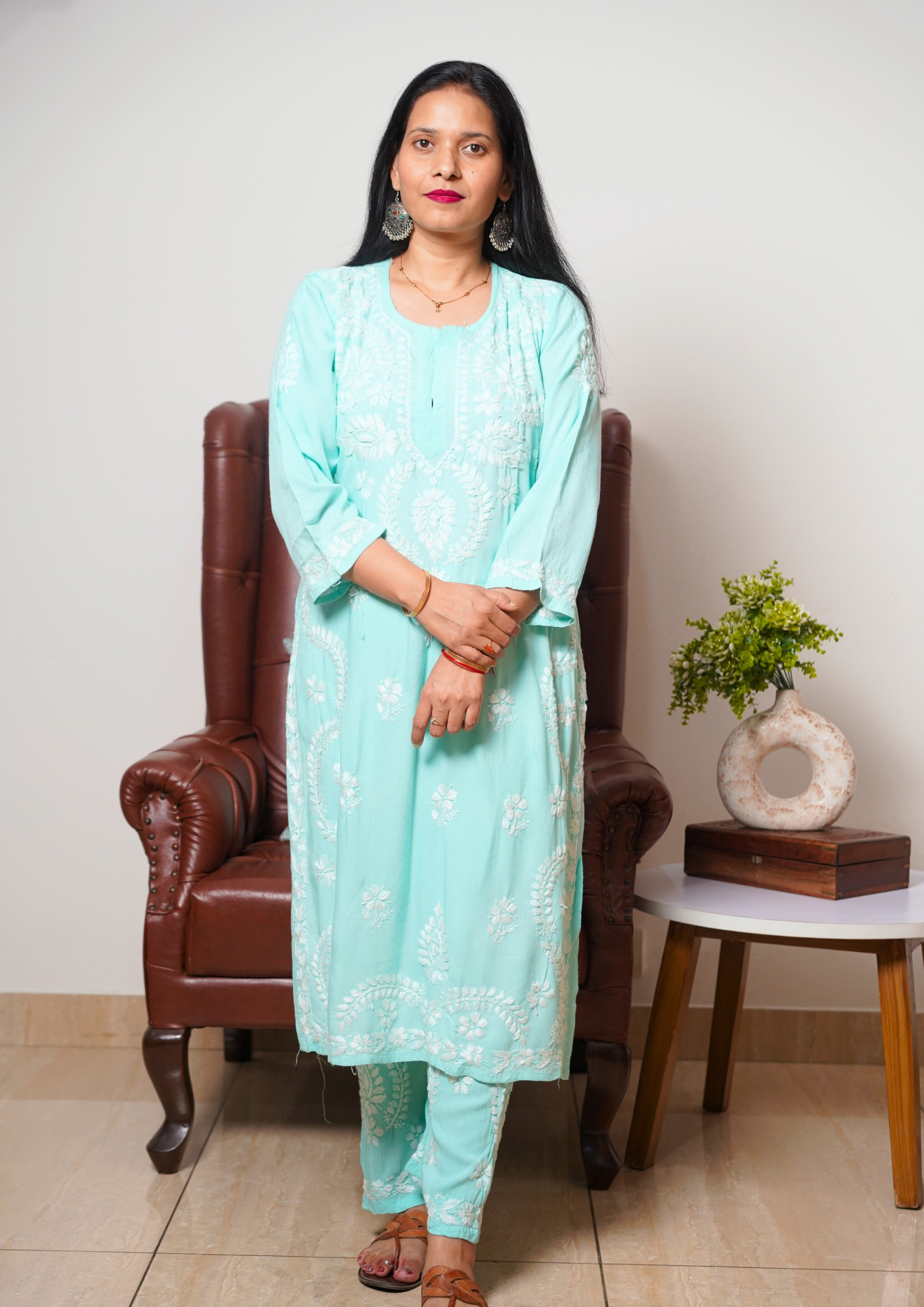 Lucknow Handwork Chikankari 2 piece plazzo set with white embroidery