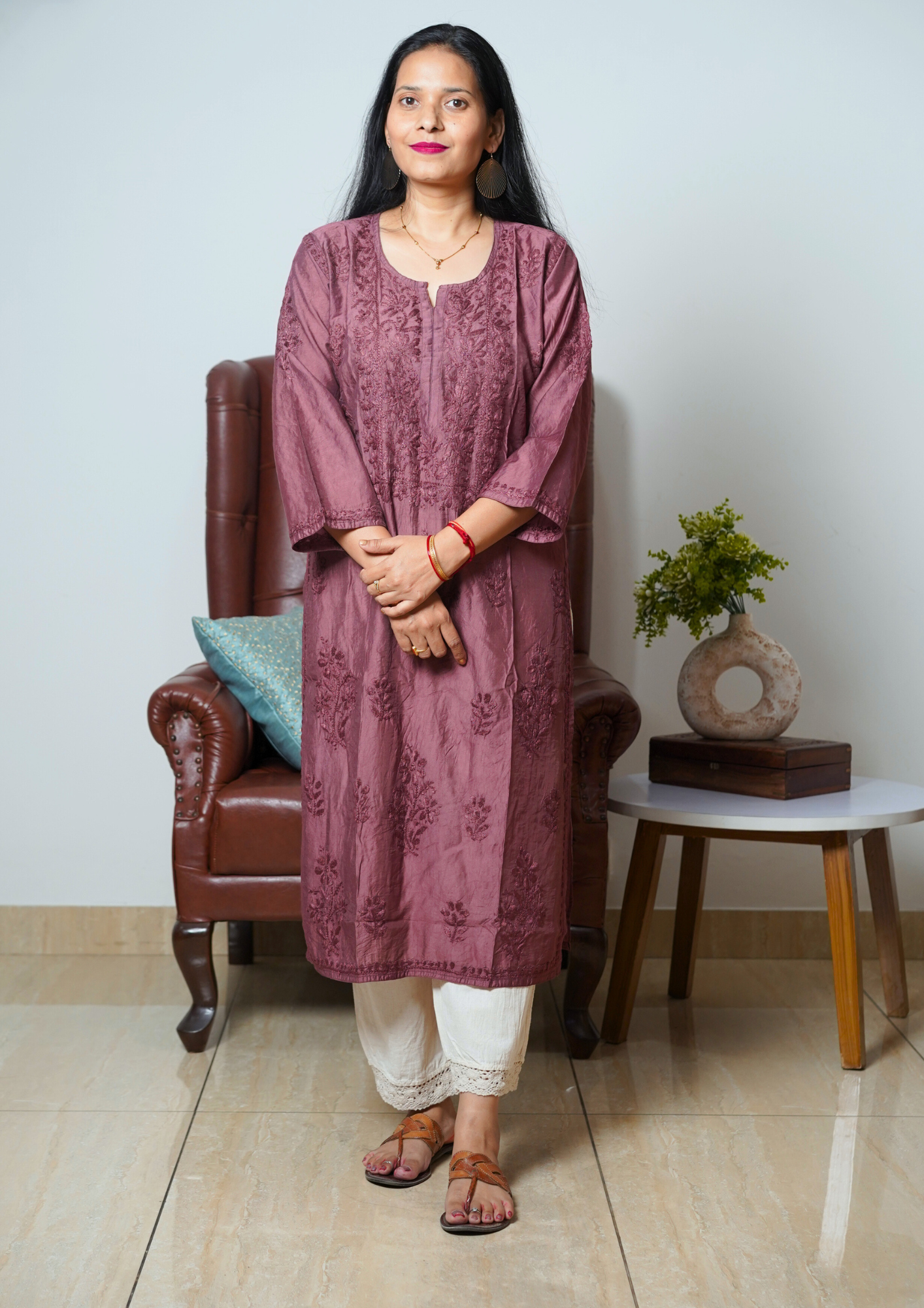 Lucknowi Chikankari Handwork Chanderi Kurti