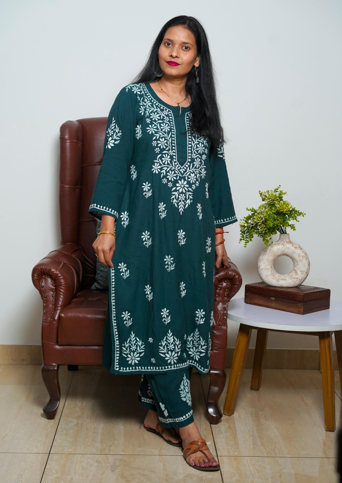 Lucknow Handwork Chikankari 2 piece plazzo set with white embroidery