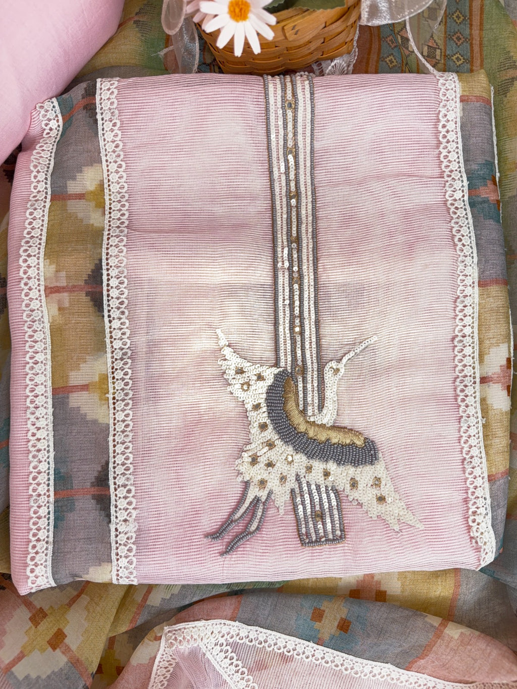Elegant Pink Dori Cotton Suit with Sequins, Pearls and Digital Patch Work