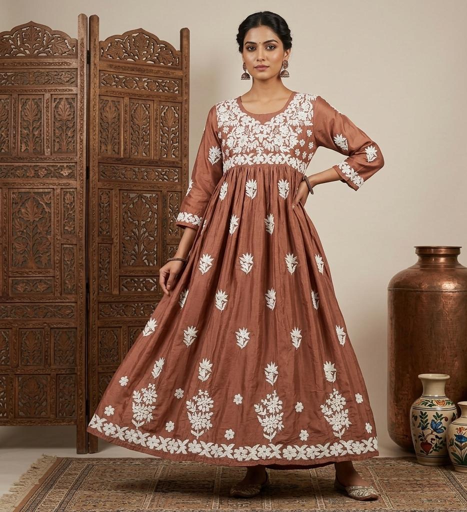 Chikankari Chanderi Anarkali Gown