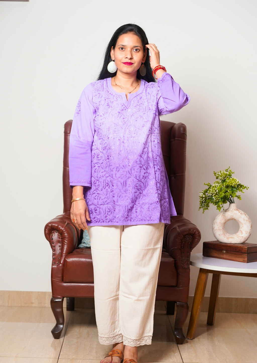 Lucknowi Handwork Chikankari Short Top & Afghani Pant Set