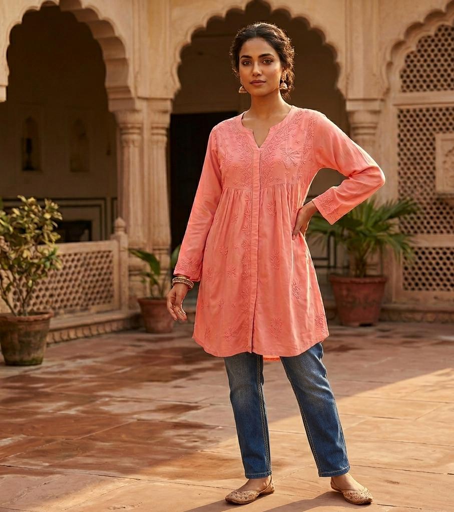 Nafasat Tone-to-Tone Chikankari Short Gown