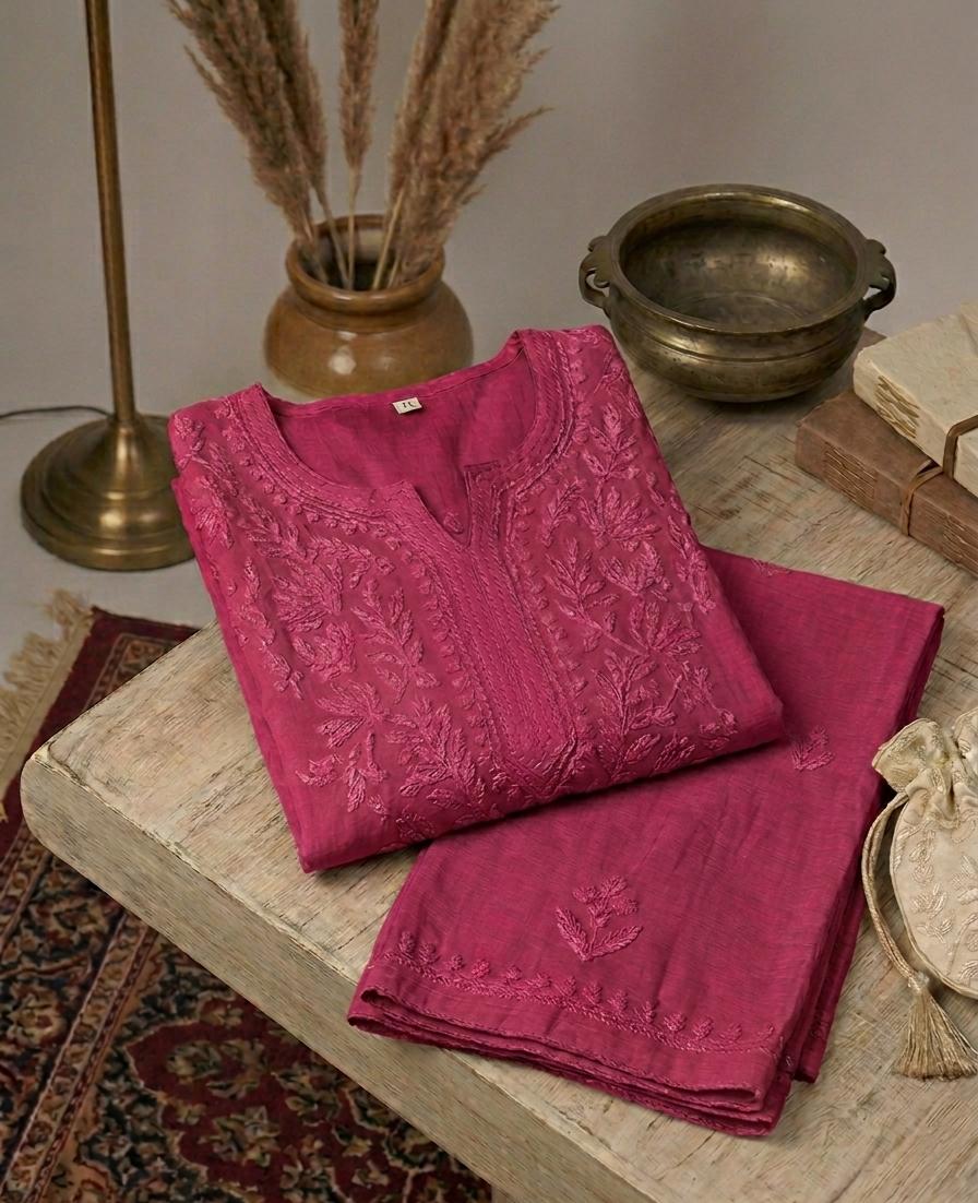 Pure Muslin Tone-on-Tone Chikankari Kurta Palazzo Set