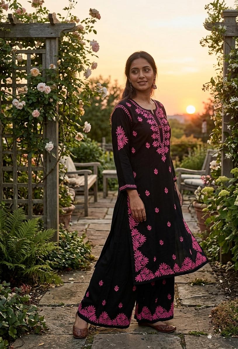 BLACK CONTRAST PLAZZO SET – Lucknowi Handwork Chikankari