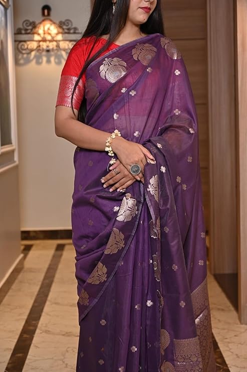 Banarasi Cotton Malai Saree with Dual Zari Border