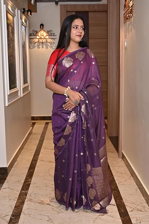 Banarasi Cotton Malai Saree with Dual Zari Border