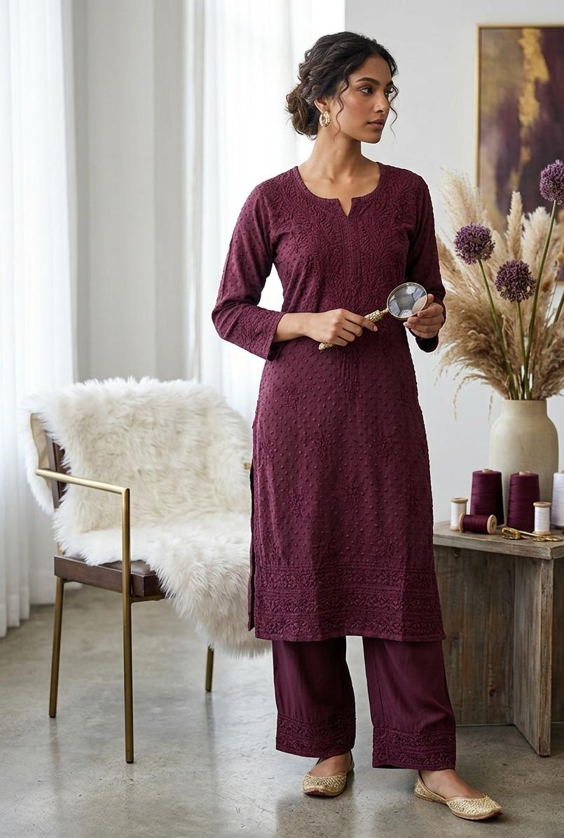 Tone-on-Tone Chikankari Kurti + Computer Embroidery Pant Set