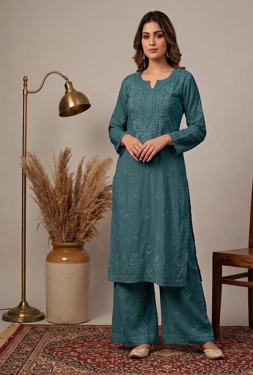 Pure Muslin Tone-on-Tone Chikankari Kurta Palazzo Set