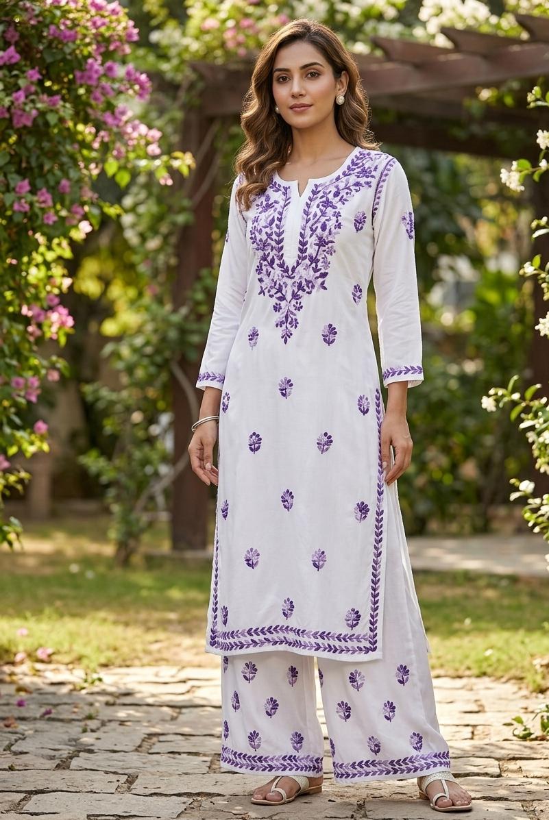 SANGAM – Premium White Rayon Shaded Chikankari Set