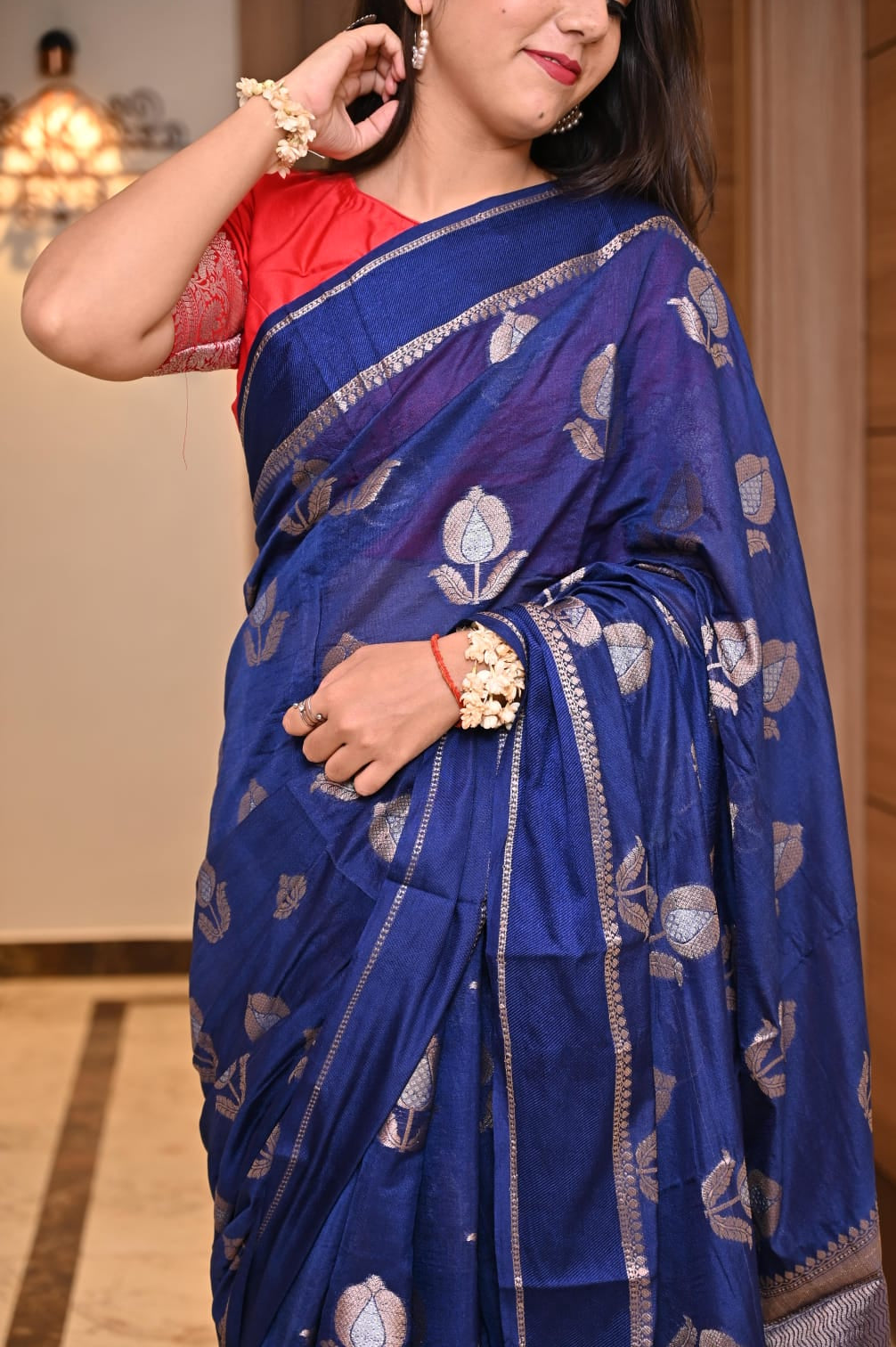 Banarasi Cotton Malai Saree with Dual Zari Weaves Border