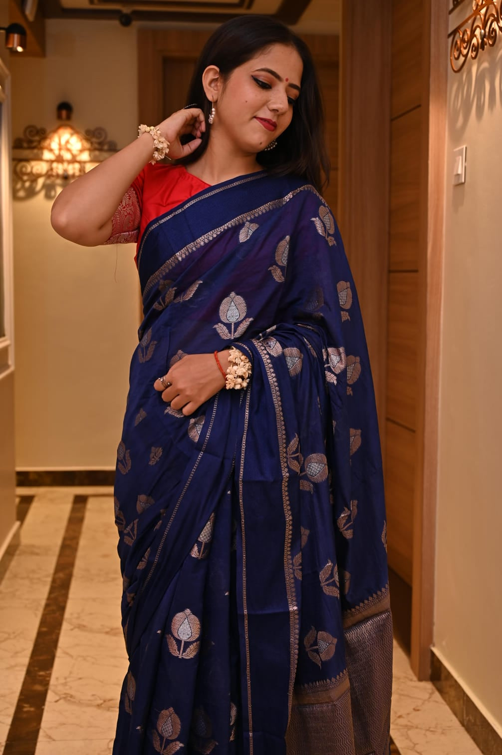 Banarasi Cotton Malai Saree with Dual Zari Weaves Border