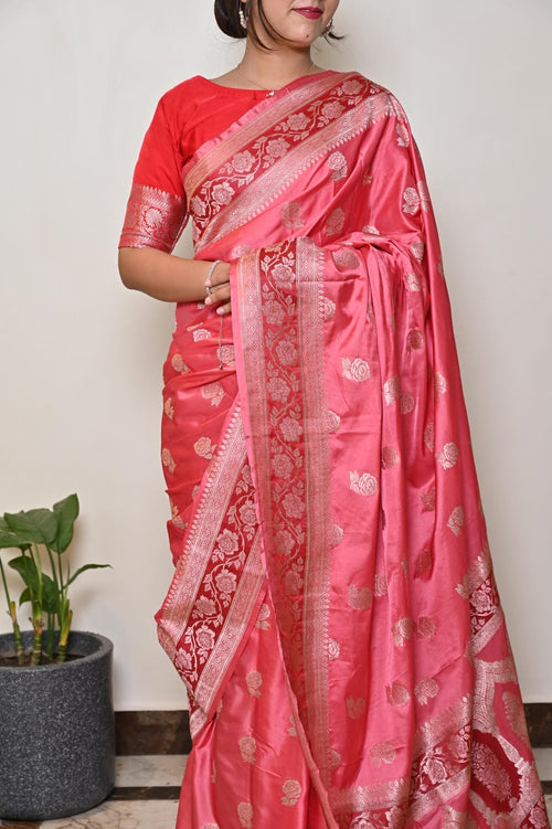 Banarasi Masrhu Kataan Saree with Silver Zari Border