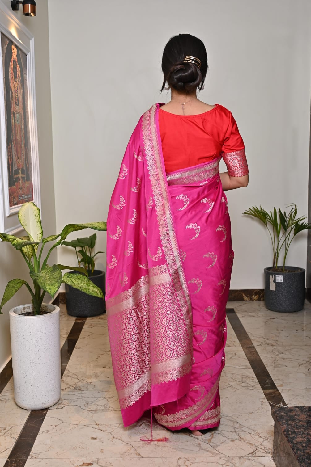 Magenta Pink Banarasi Masrhu Kataan Silk Saree