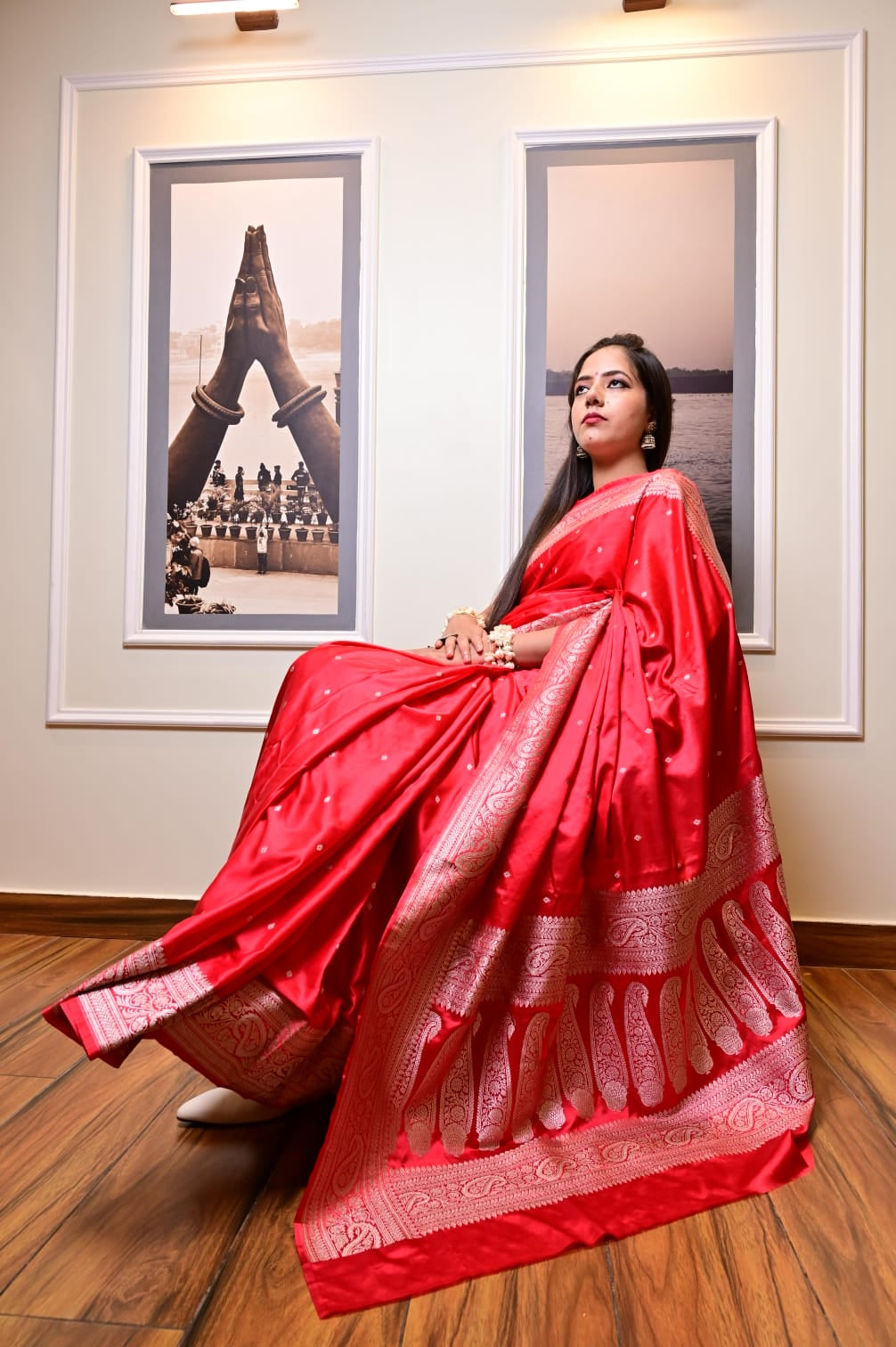 Banarasi Masrhu Kataan Saree with Silver Zari & Butis