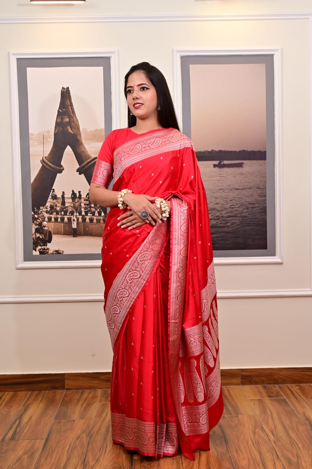Banarasi Masrhu Kataan Saree with Silver Zari & Butis
