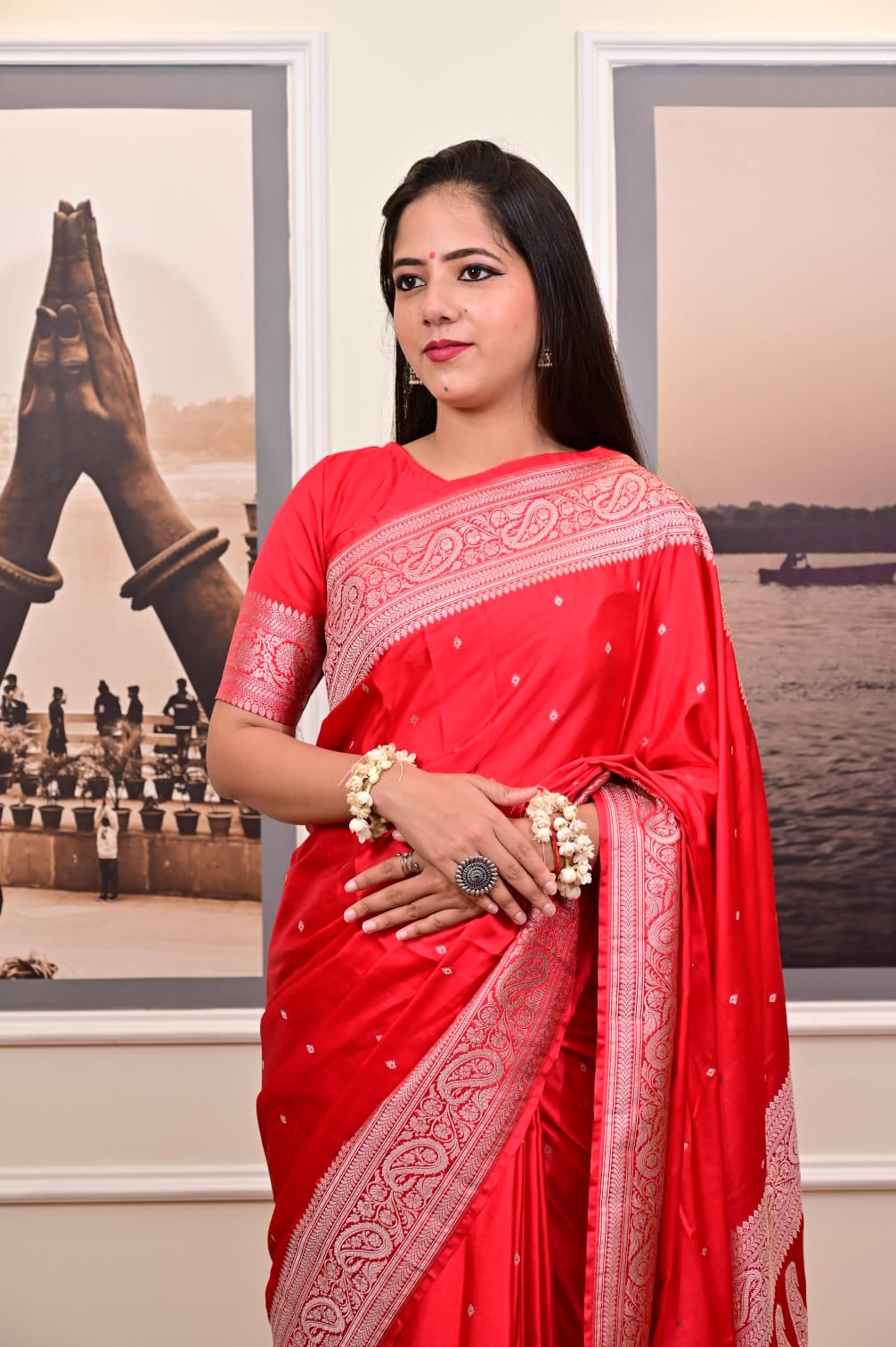 Banarasi Masrhu Kataan Saree with Silver Zari & Butis
