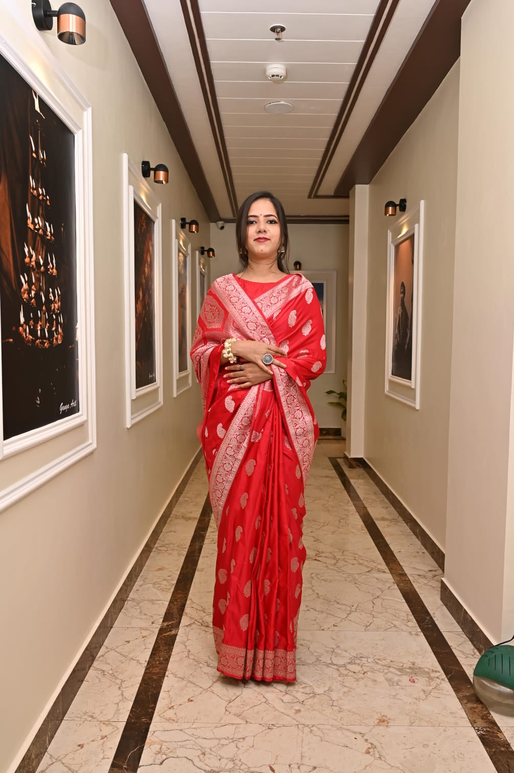 Red Banarasi Masrhu Kataan Saree with Silver Zari