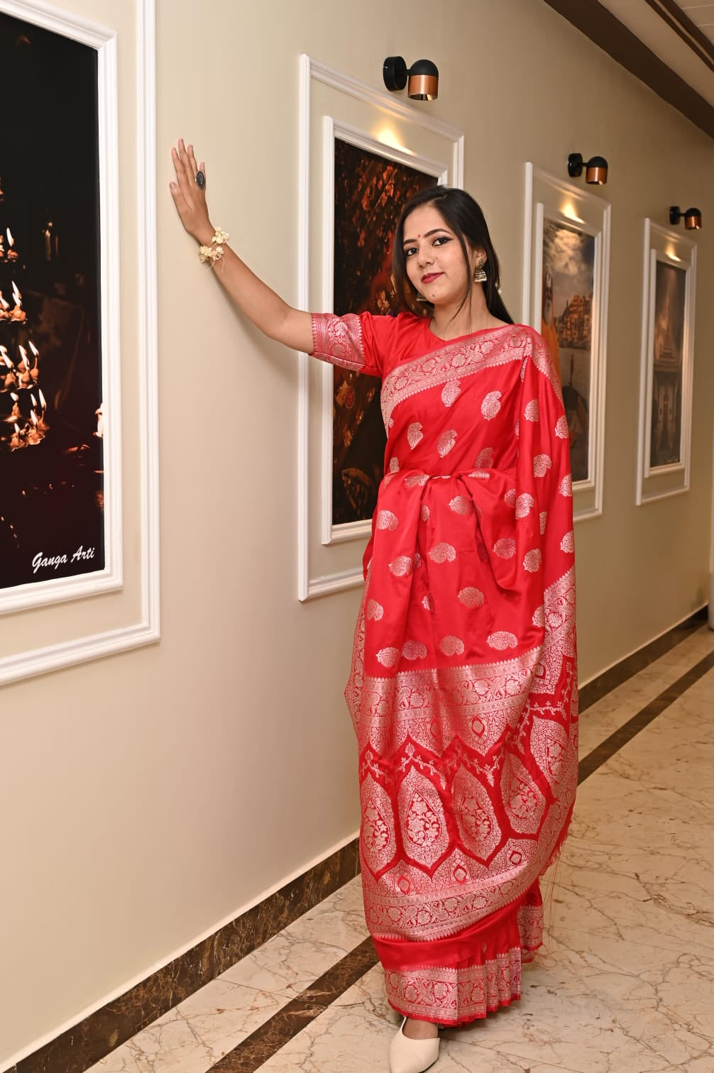 Red Banarasi Masrhu Kataan Saree with Silver Zari