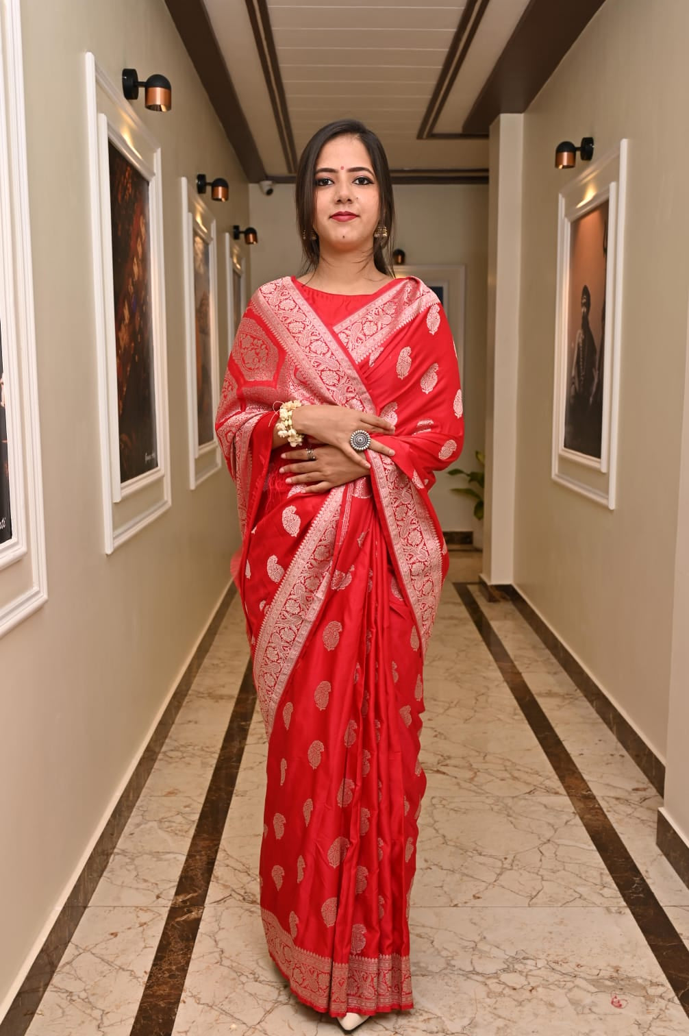 Red Banarasi Masrhu Kataan Saree with Silver Zari