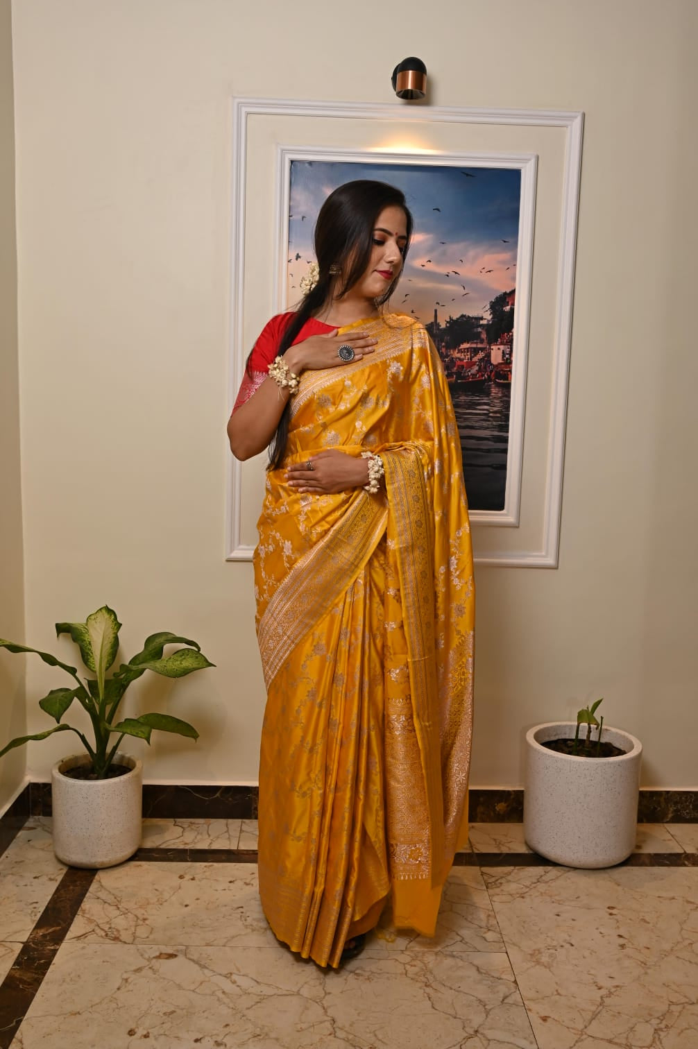 Masrhu Kataan Handloom Banarasi Saree with Silver Zari & Butis
