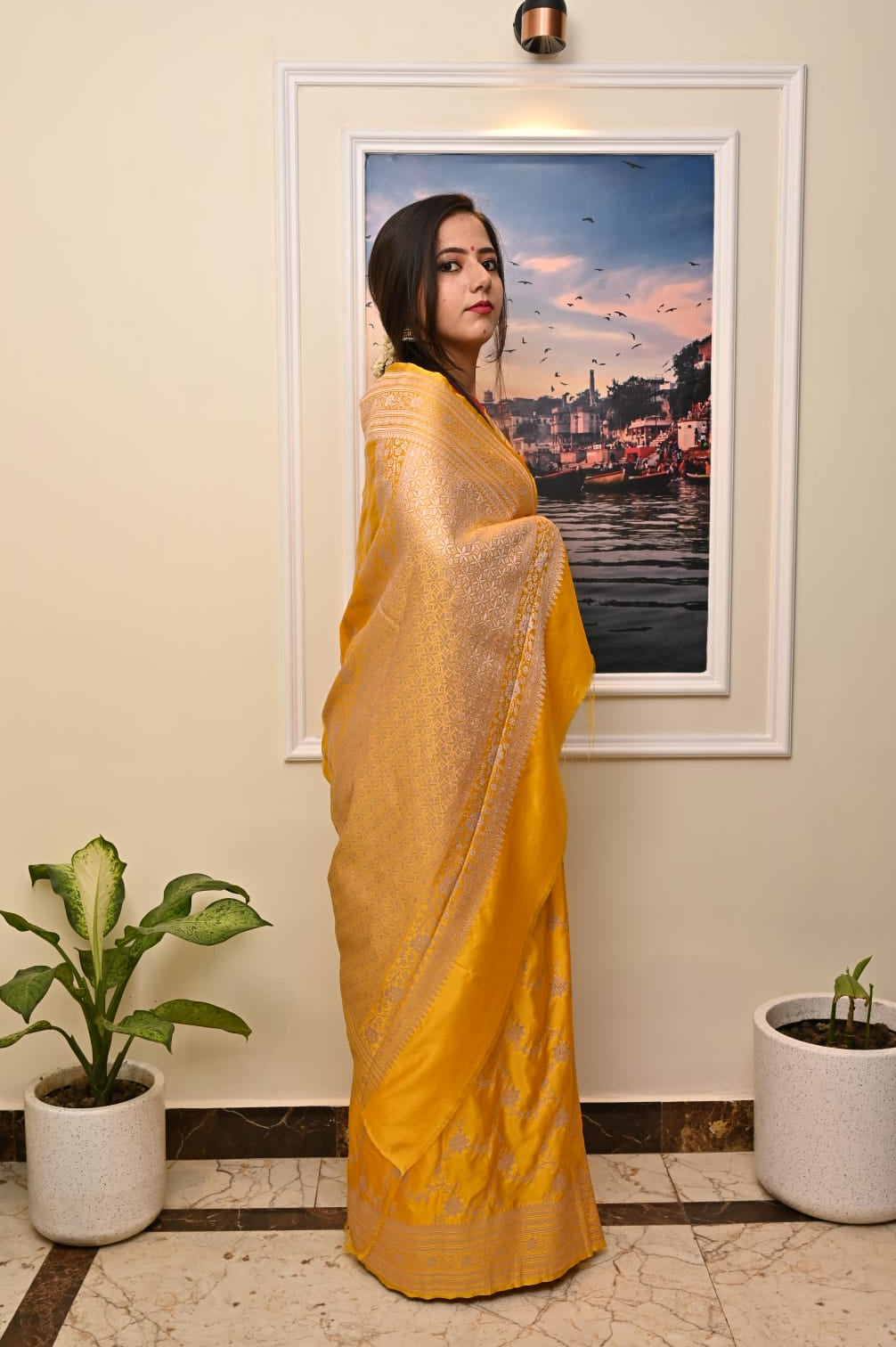 Masrhu Kataan Handloom Banarasi Saree with Silver Zari & Butis