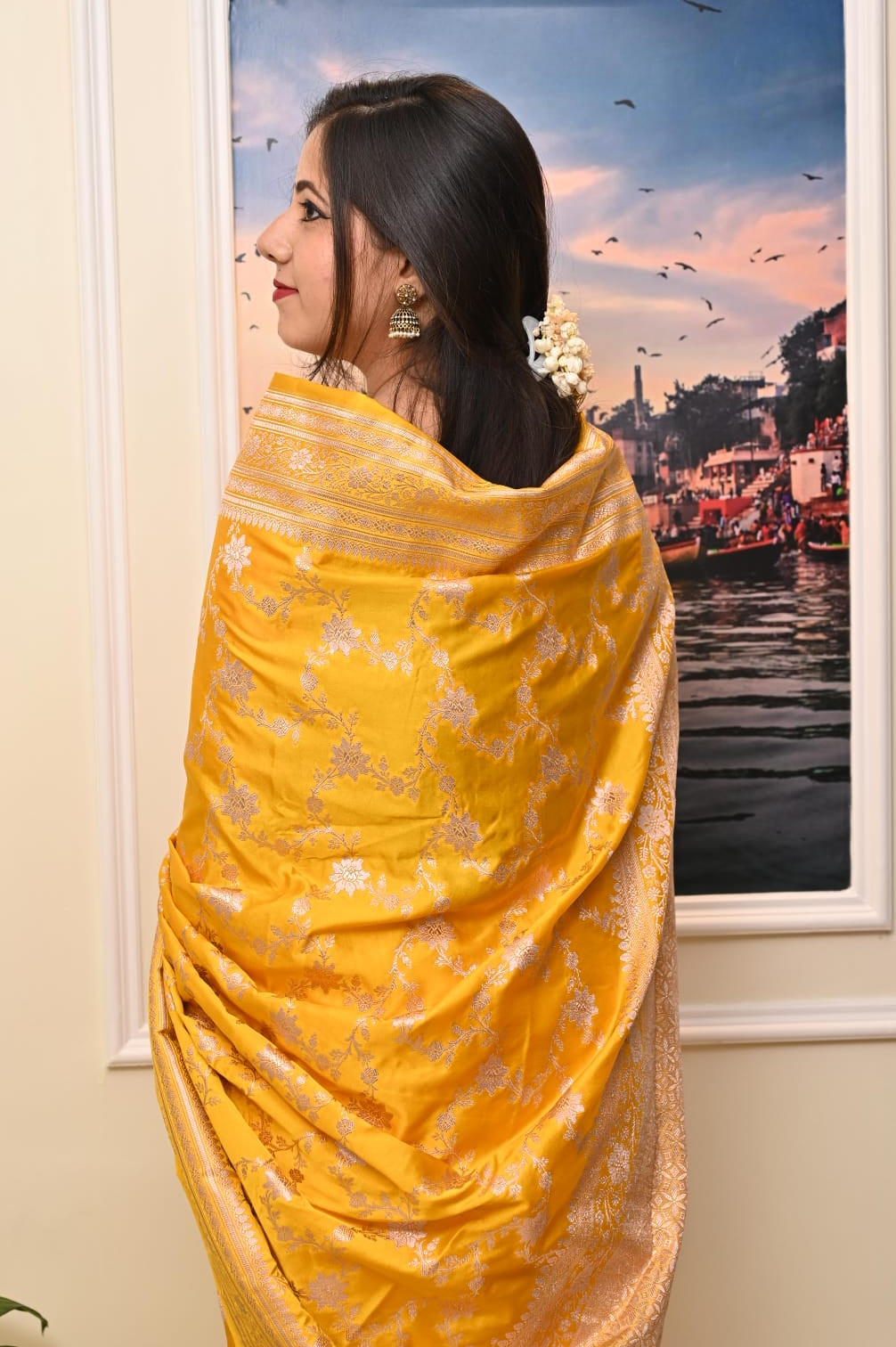 Masrhu Kataan Handloom Banarasi Saree with Silver Zari & Butis