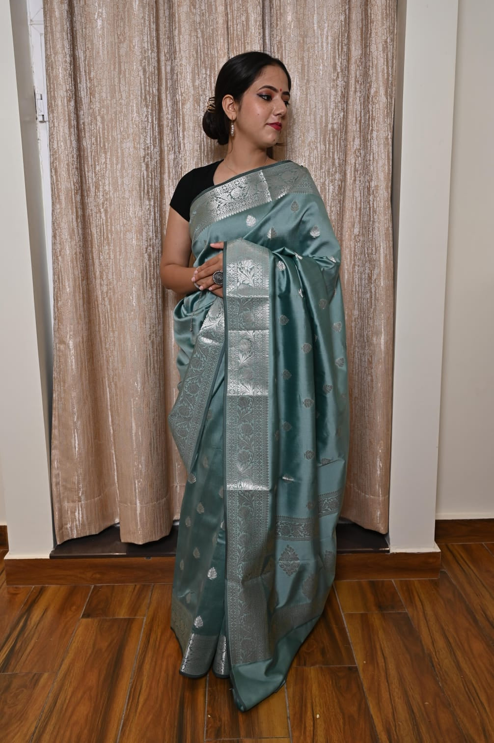 Banarasi Masrhu Kataan Saree with Silver Zari & Butis