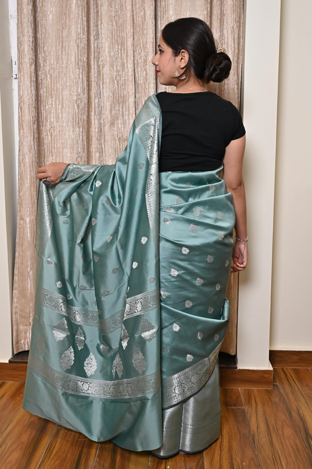 Banarasi Masrhu Kataan Saree with Silver Zari & Butis
