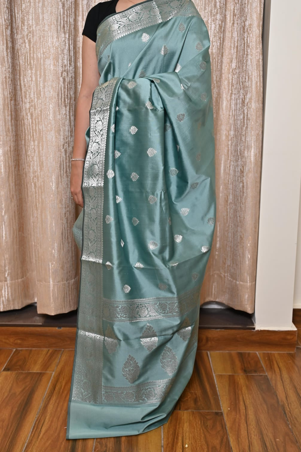 Banarasi Masrhu Kataan Saree with Silver Zari & Butis