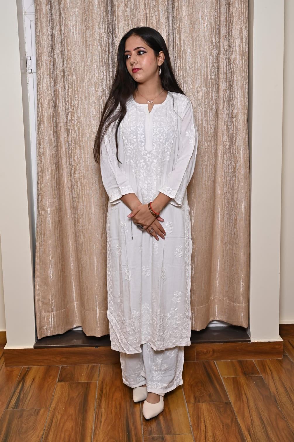 Lucknow Handwork Chikankari 2 piece plazzo set with white embroidery