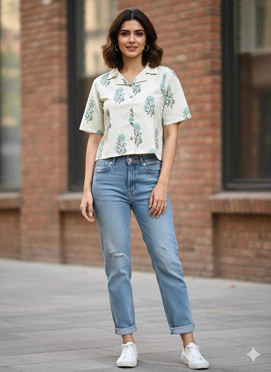 Women’s Cotton Printed Crop Shirt – Half Sleeve Casual Top