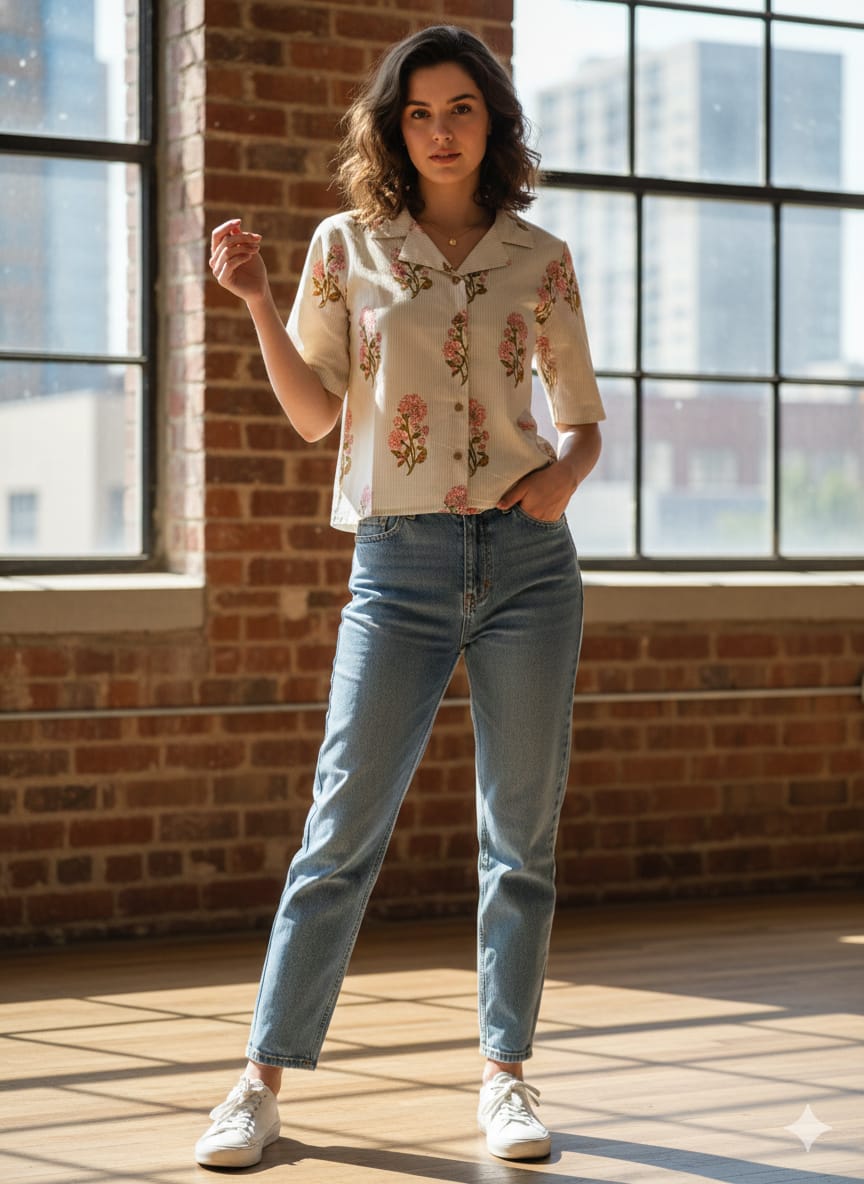 Women’s Cotton Printed Crop Shirt – Half Sleeve Casual Top