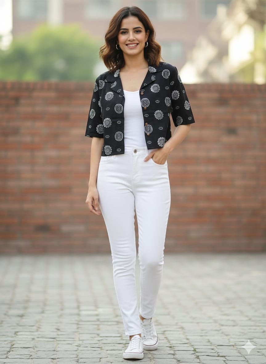 Women’s Cotton Printed Crop Shirt – Half Sleeve Casual Top