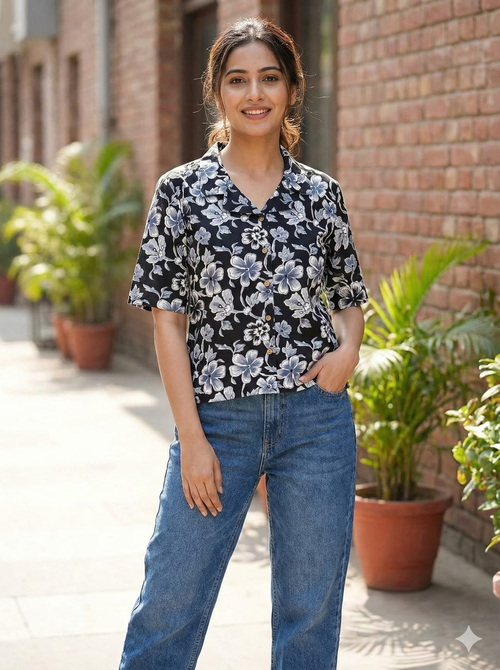 Women’s Cotton Printed Crop Shirt – Half Sleeve Casual Top