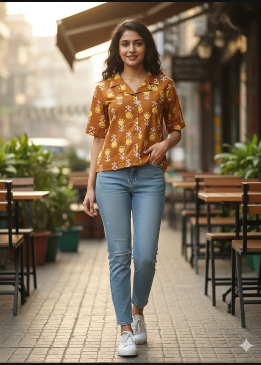 Women’s Cotton Printed Crop Shirt – Half Sleeve Casual Top
