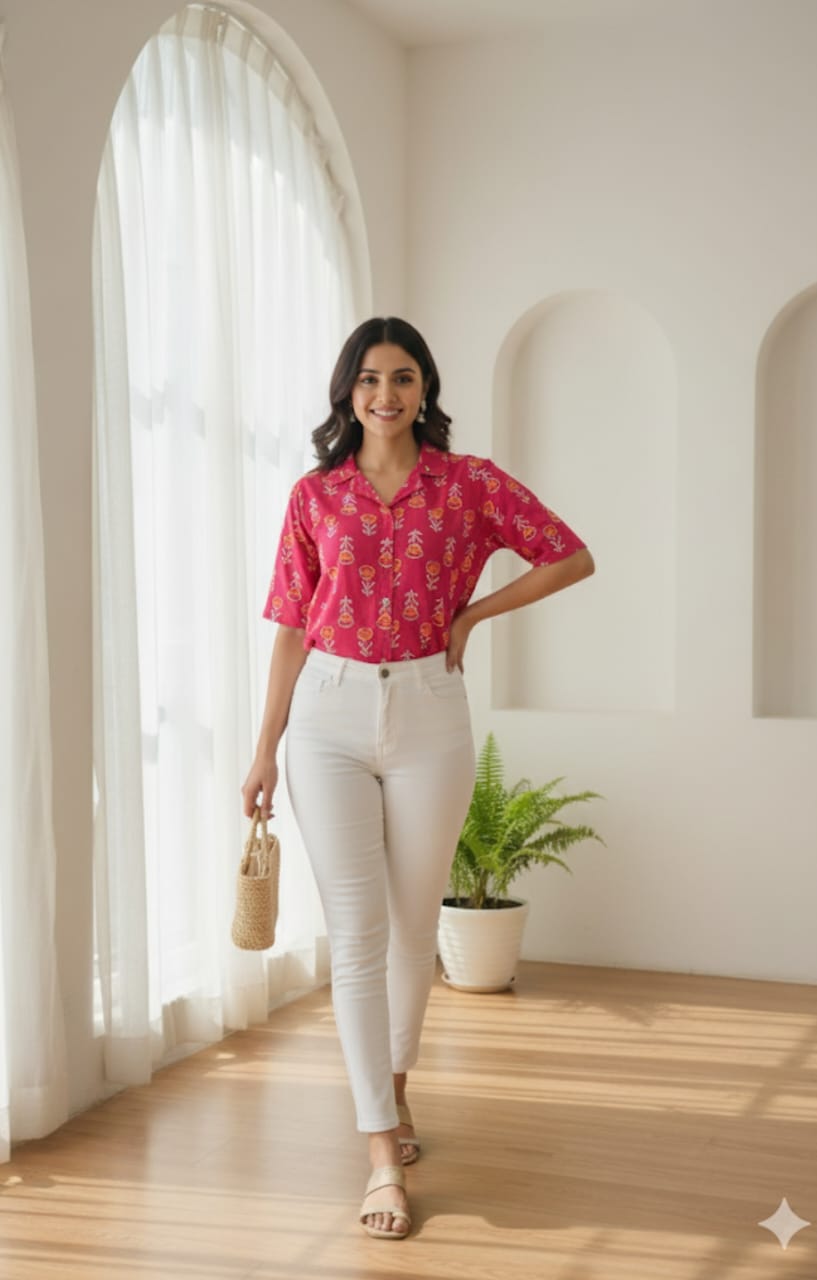 Women’s Cotton Printed Crop Shirt – Half Sleeve Casual Top