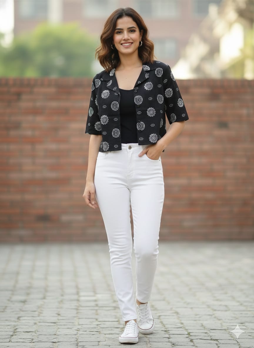 Women’s Cotton Printed Crop Shirt – Half Sleeve Casual Top