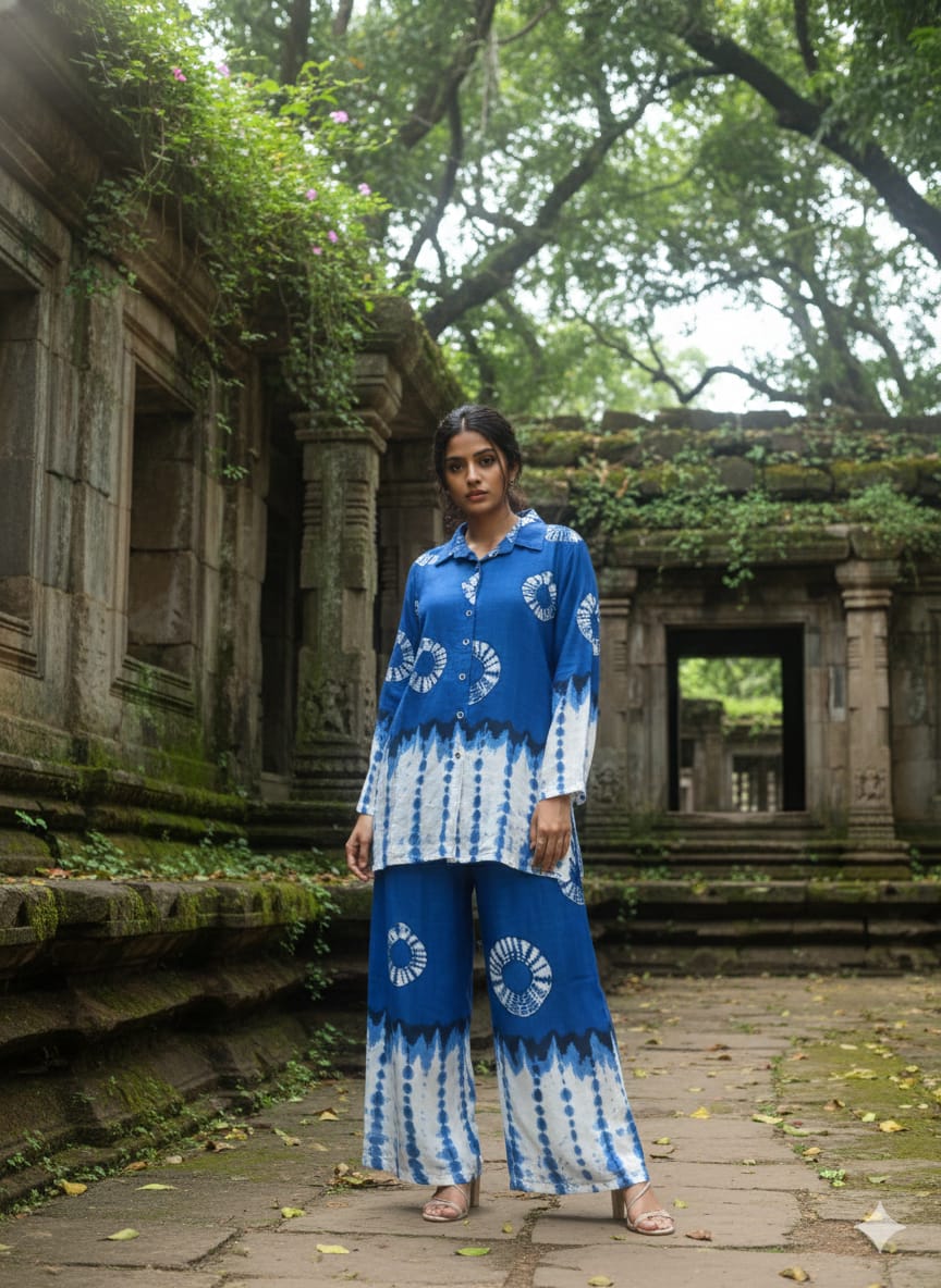 Women’s Rayon Slub Shibori Printed Co-Ord Set – Full Sleeves
