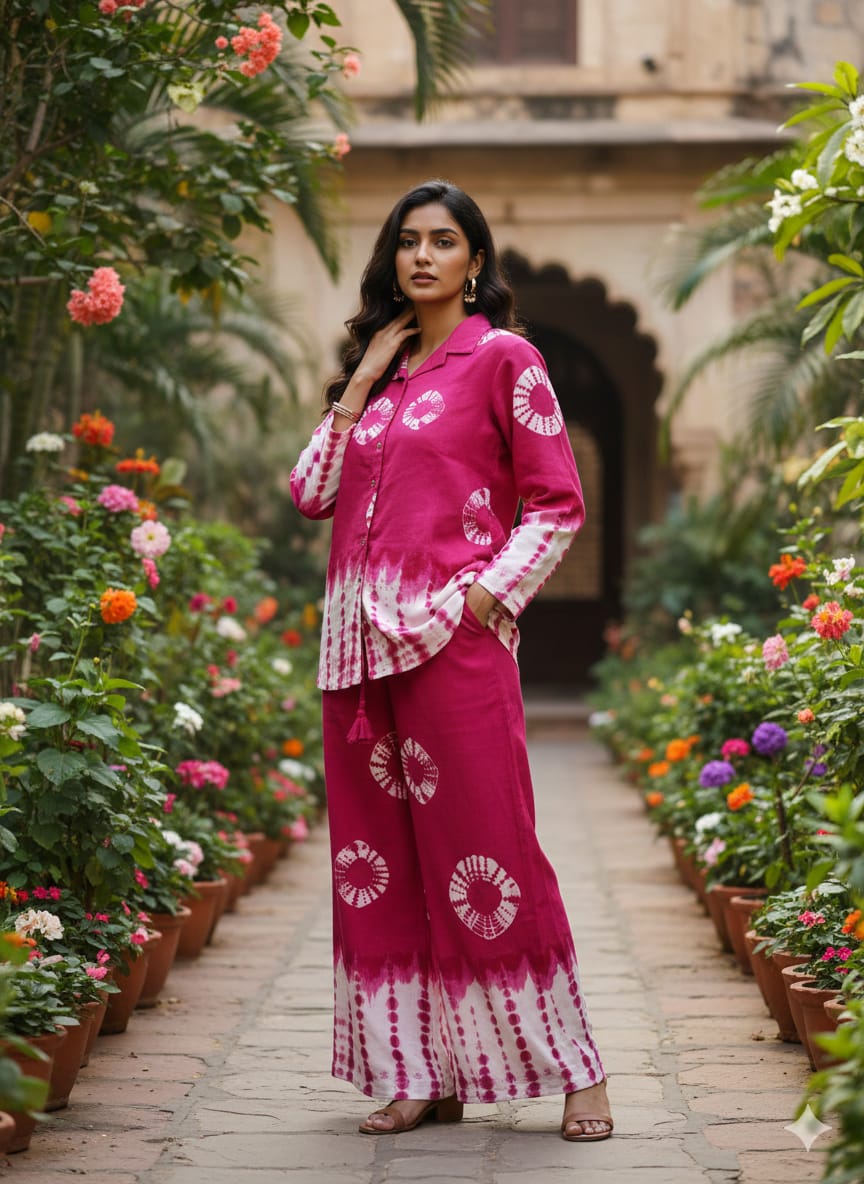 Women’s Rayon Slub Shibori Printed Co-Ord Set – Full Sleeves