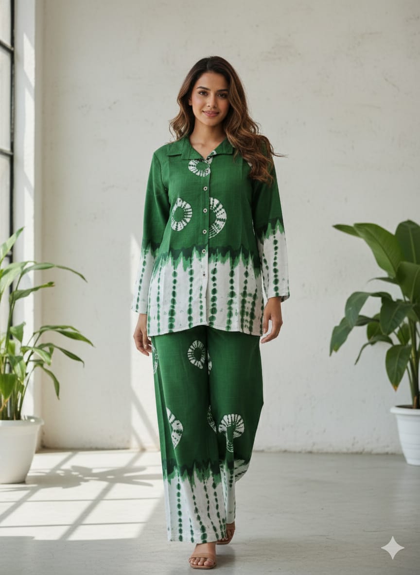 Women’s Rayon Slub Shibori Printed Co-Ord Set – Full Sleeves