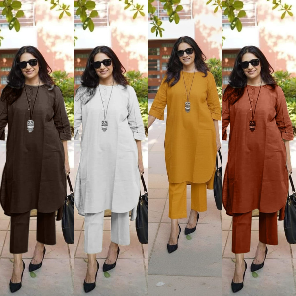 Women’s Solid Cotton Slub Long Co-Ord Set with Pocket
