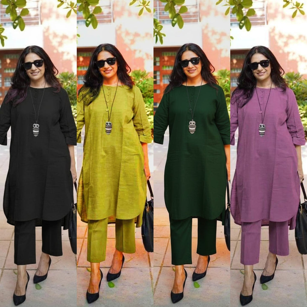 Women’s Solid Cotton Slub Long Co-Ord Set with Pocket