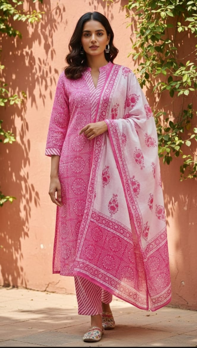 Bandhani Printed Cotton Kurti Pant Dupatta Set with Hand Work