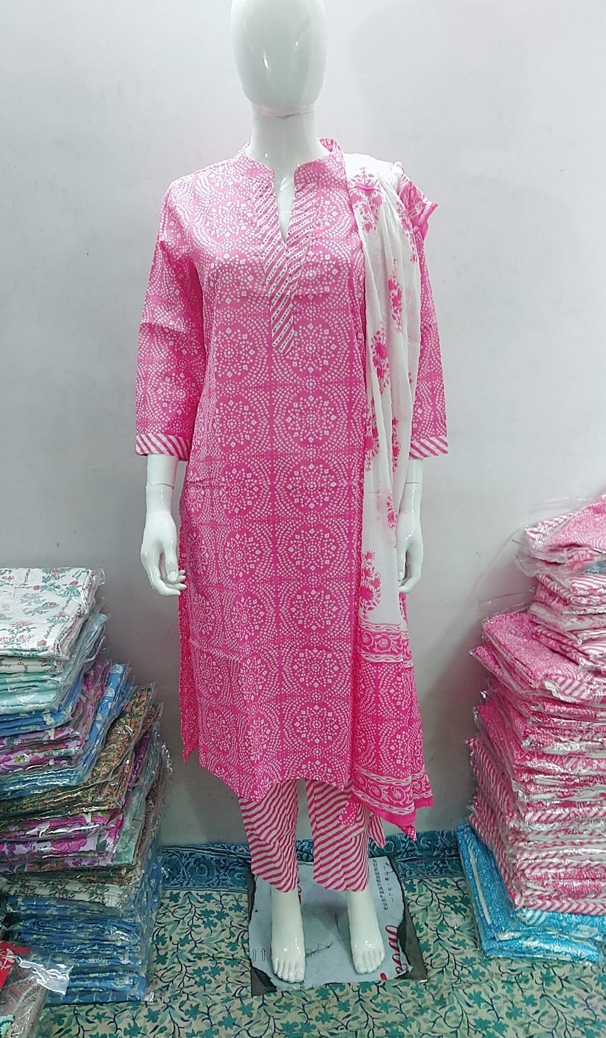Bandhani Printed Cotton Kurti Pant Dupatta Set with Hand Work