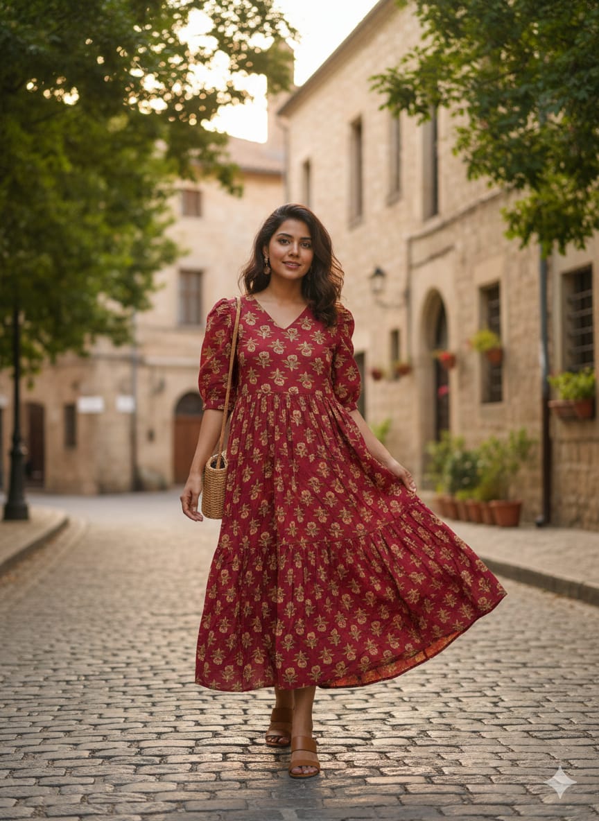Women’s Printed Tiered One-Piece Frock with Pocket