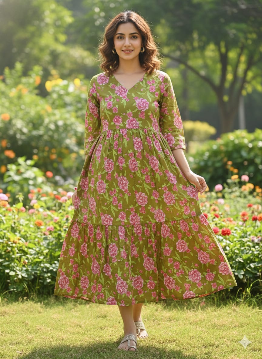 Women’s Printed Tiered One-Piece Frock with Pocket