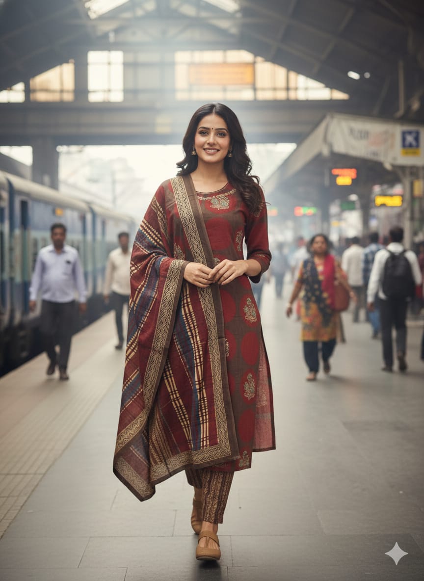 Cotton Cambric Printed Kurti Pant Dupatta Set for Women
