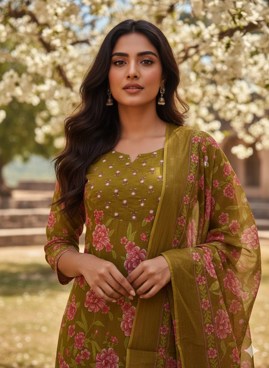 Cotton Cambric Printed Kurti Pant Dupatta Set for Women